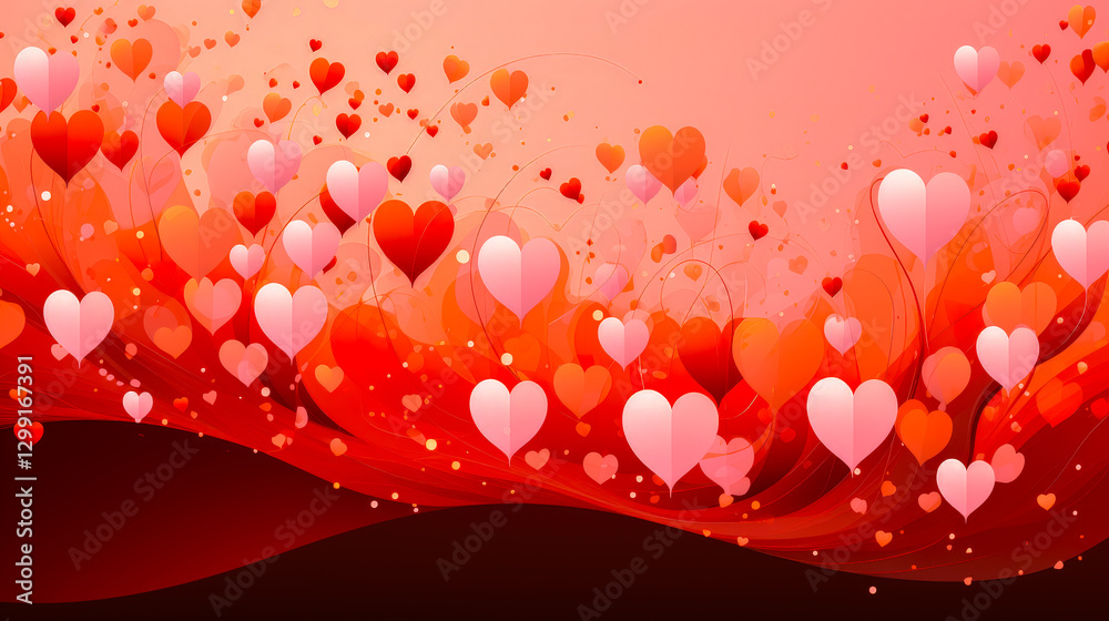 Poster vibrant heart patterns fill the background with shades of red and pink, creating a lively atmosphere
