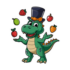 Obraz premium Cartoon Dinosaur Juggling Fruits Wearing Top Hat Fun Vector Illustration