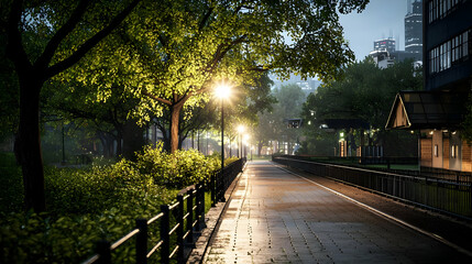 Obraz premium Nighttime Urban Park Pathway Illuminated By Street Lights And Lined With Trees And Buildings