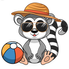 Naklejka premium Cartoon Lemur in Sunglasses with Beach Ball and Straw Hat for Summer Fun