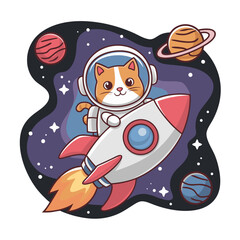 Naklejka premium Cute Space Cat in Spaceship Exploring Planets Cartoon Vector Illustration