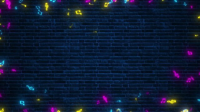 neon lights colorful music notes  frame border on brick wall animation, bar and concert social media motion background	
