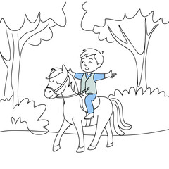 Fototapeta premium Child Riding Horse in Forest Line Art Vector Illustration