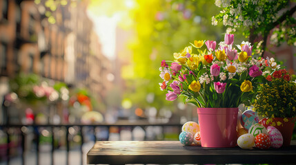 Colorful spring flowers and decorated eggs brighten a city street during Easter celebrations