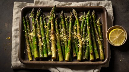 A plate of oven-roasted asparagus spears, golden and slightly crispy, sprinkled with freshly grated Parmesan cheese and minced garlic