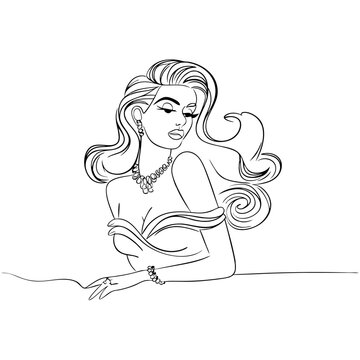 recommend clip art: Elegant Fashionable Woman Line Art with Flowing Hair and Jewelry