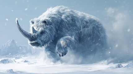 Powerful Coelodonta Woolly Rhinoceros charging through a snowy Ice Age landscape its thick fur covered in frost enormous horn breaking through the icy wind