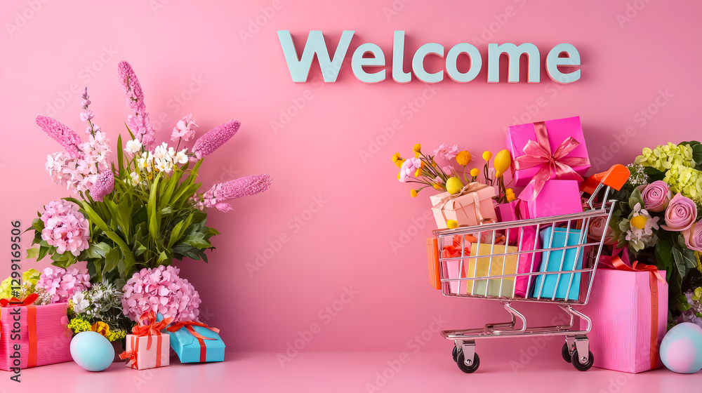 Poster welcome display with colorful gifts and flowers in a vibrant setting ideal for celebrations and even