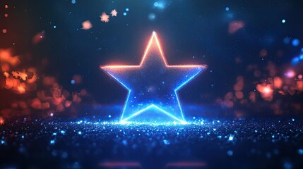 Glowing neon star with sparkling bokeh lights and vibrant blue and red illumination in a festive atmosphere