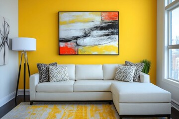 A modern living room with a sectional sofa, abstract art, and a vibrant yellow accent wall,