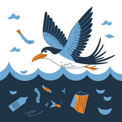 Sea Bird in Flight Over Ocean Pollution Environmental Awareness Vector