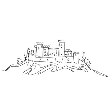 Medieval Castle Line Art Vector Illustration Fantasy Landscape