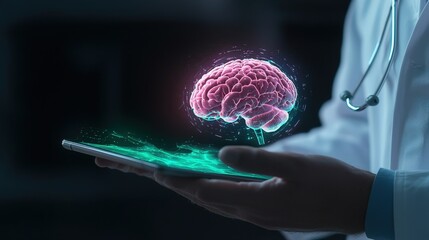 Doctor reviewing digital brain scan on tablet