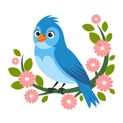 Obraz premium Bright Blue Bird Perched on Flowering Branch Colorful Vector Illustration for Spring Design