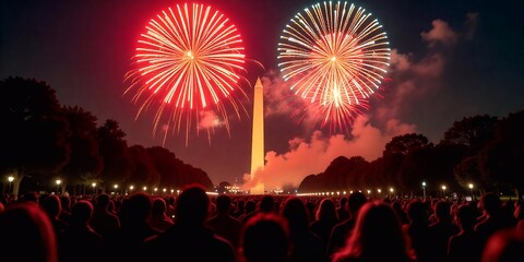 Crowd of people watching fireworks in front of the Washington Monument , red and white fireworks , night scene , trees on the sides