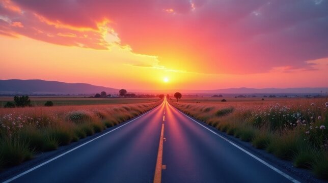 Asphalt ribbon unwinding towards a vibrant sunset, flanked by wildflowers and rolling hills, promising adventure and exploration.