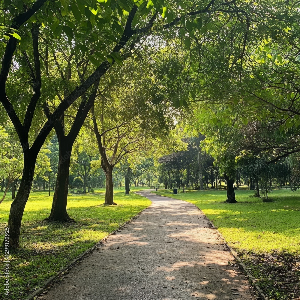 Aufkleber Pathway through lush green park with dappled sunlight filtering through the trees canopy, creating a peaceful and inviting scene.
