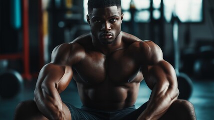 Fototapeta premium A focused athlete sits on the gym floor, displaying impressive muscles, as sunlight filters through the windows, creating an inspiring atmosphere of hard work and dedication