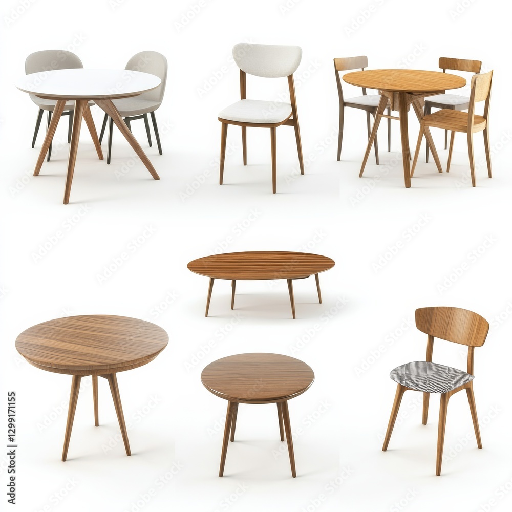 Poster Various Round Tables and Chairs with Wooden Frames in Minimalist Design on White Background