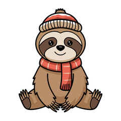 Fototapeta premium Cute Sloth Wearing Winter Hat and Scarf Cartoon Vector Illustration