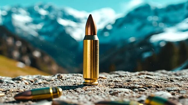 A single .mm cartridge case resting on a smooth granite surface, surrounded by a soft-focus mountainous backdrop, conveying the durability and precision of the round.