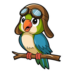 Obraz premium Cute Aviator Parrot Cartoon with Pilot Hat and Goggles on Branch Vector Art