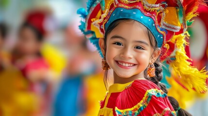 Joyful young girl in vibrant traditional attire smiling at a cultural festival with colorful decorations