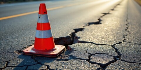 A traffic cone stands sentinel on a cracked and damaged roadway, highlighting the need for urgent road repairs and maintenance to ensure safe travel conditions