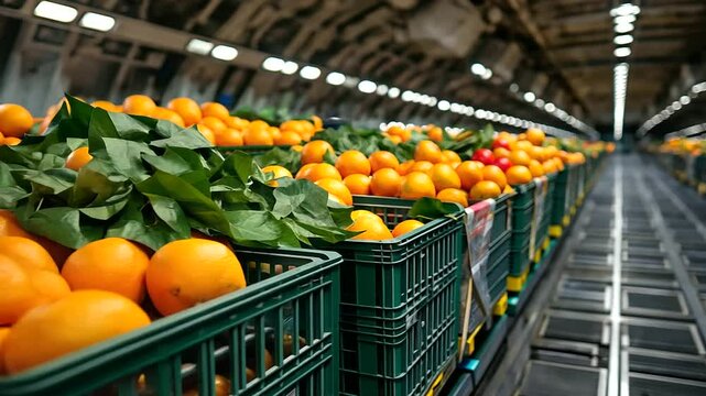 Rows of stacked crates filled with oranges, apples, and leafy greens neatly arranged in the hold of a cargo plane, with visible straps securing them for air transportation.
