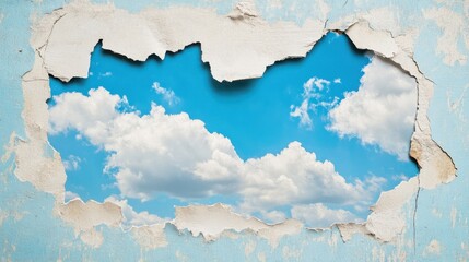 Obraz premium Torn wall revealing blue sky and fluffy clouds concepts of freedom and escape