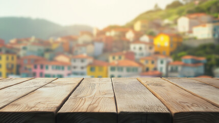 Rustic Wooden Tabletop Over Blurred Italian Village Background
