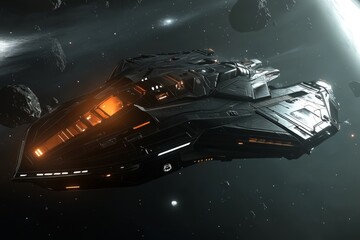 A sleek futuristic spaceship in a deep space setting with asteroids around, illuminated by orange lights against the dark starry background