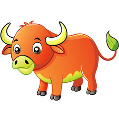 Fototapeta premium Adorable Cartoon Orange Bull with Big Eyes and Green Accents for Children's Illustrations