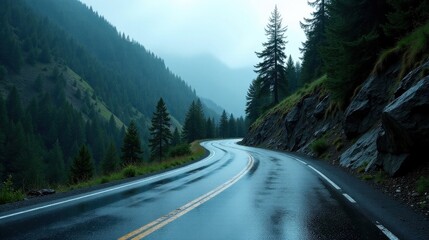 Fototapeta premium Serene Mountain Road After a Summer Rain Winding Asphalt Through Lush Evergreen Forest