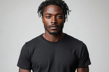 Fototapeta premium Man with dreadlocks poses confidently in a plain black t-shirt against a neutral background