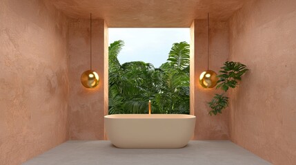 A biophilic bathroom design with golden pendant lighting and natural clay walls