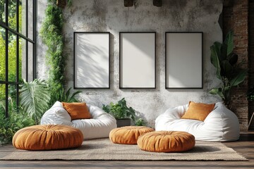 Cozy lounge area with bean bags, natural light, and blank frames in a green indoor space