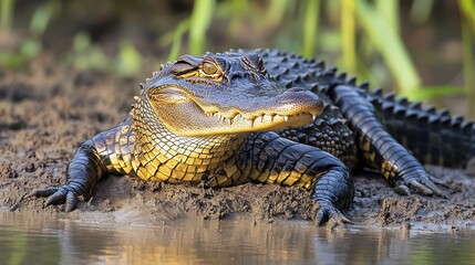 Fototapeta premium Powerful Alligator basking on the muddy riverbank its rough armored skin glistening under the golden sunlight sharp eyes scanning the water