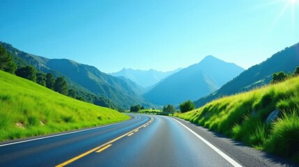 Naklejka premium Asphalt ribbon winding through a verdant valley, nestled amidst majestic mountains under a brilliant blue sky