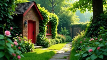 Fototapeta premium Serene brick cottage nestled in a vibrant garden, with a red door and stone pathway leading through lush greenery and blossoming flowers.