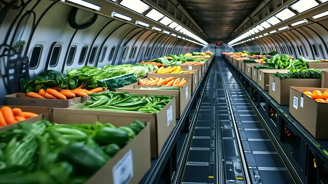 Rows of biodegradable crates filled with fresh produce, secured with straps inside a cargo plane