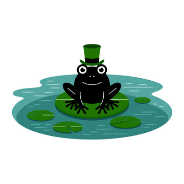 recommend clip art: Cartoon Frog Wearing Top Hat Sitting on Lily Pad in Pond Vector