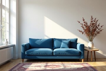 Serene Living Room Interior Design Featuring a Stylish Blue Sofa and Autumnal Decor