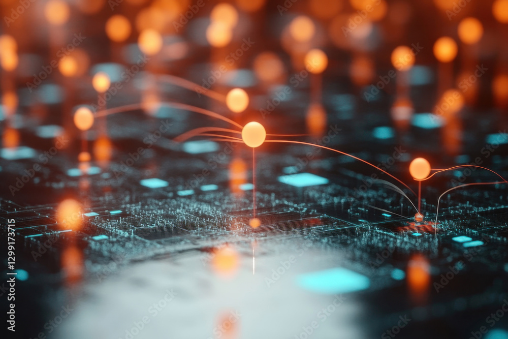 Poster complex network of digital connections on a modern circuit board illuminated by glowing nodes in a f