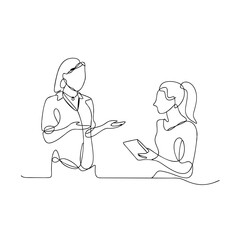 Continuous Line Drawing of Two Women in Discussion with Tablet