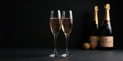 Two elegant champagne flutes filled with sparkling wine, positioned against a dark backdrop with blurred bottles in the background.