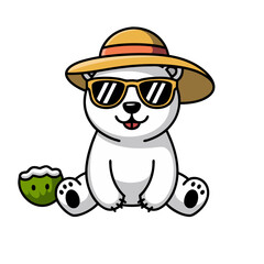Cute Polar Bear with Sunglasses and Straw Hat Enjoying Summer Vacation