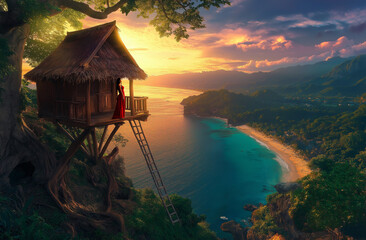 Fototapeta premium A stunning scene of a woman wearing a vibrant red dress standing on the wooden steps of an old house, overlooking a dramatic cliffside with crystal-clear ocean waters and a glowing sunset sky
