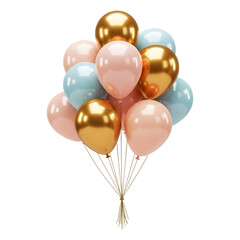 A festive pastel balloon bouquet in pink, gold, blue, and peach with a glossy texture isolated on transparent background