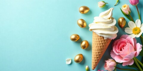 A refreshing frozen dessert in a waffle cone, adorned with painted eggs and delicate blossoms on a light blue backdrop